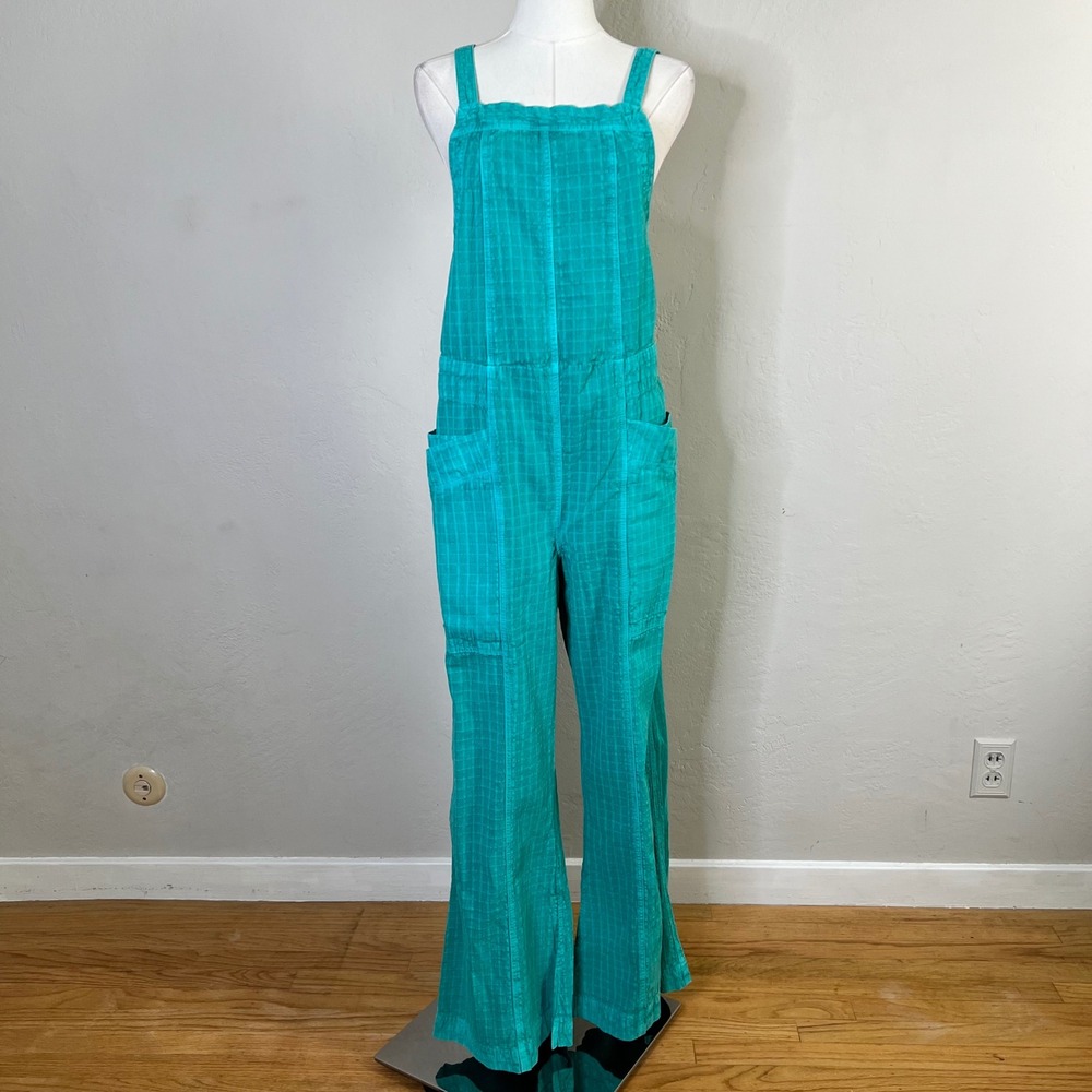 Free People Overalls Wide Leg Savannah Jumpsuit Size XS Teal Blue Texture Cotton